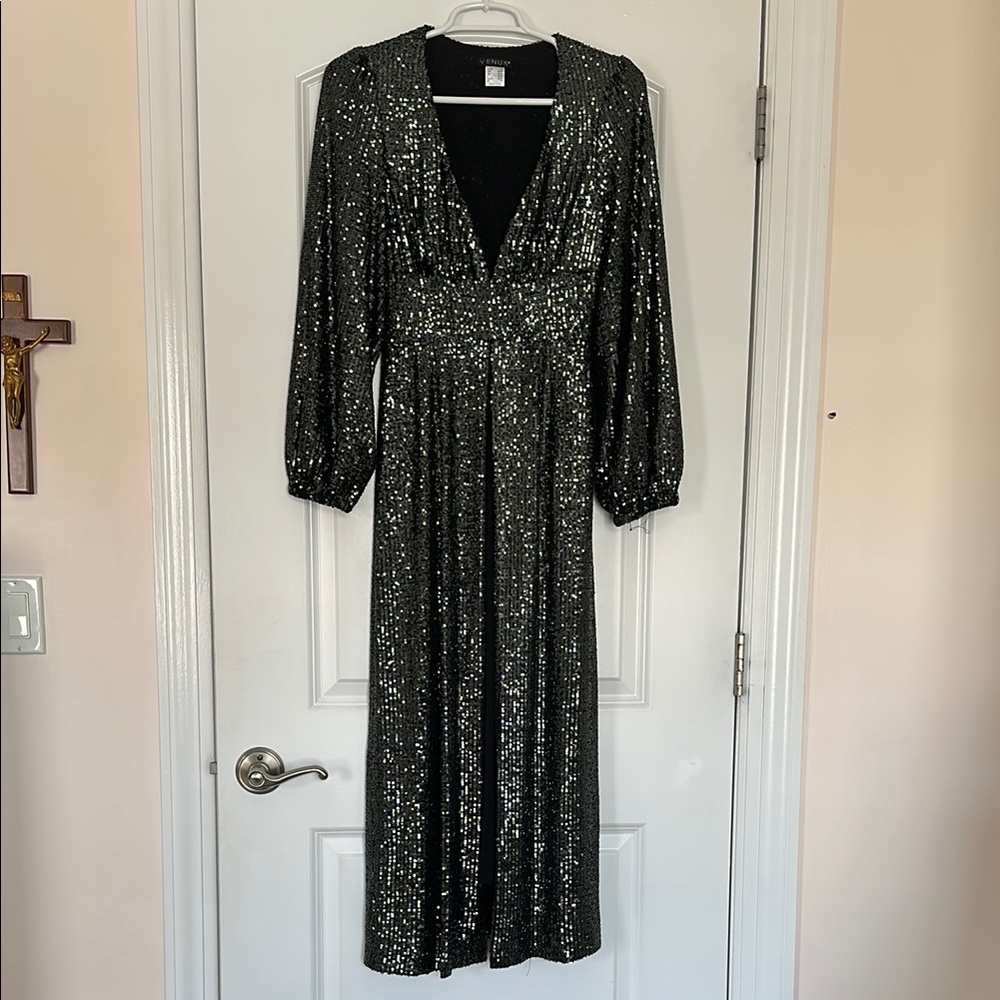 VENUS Black and Silver Sequin Gown with Plunge Neckline